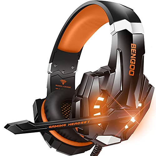 BENGOO G9000 Stereo Gaming Headset for PS4, PC, Xbox One Controller, Noise Cancelling Over Ear Headphones with Mic, LED Light, Bass Surround, Soft Memory Earmuffs (Orange)