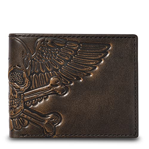 HoJ Co. SKULL Bifold Wallet | Slim Wallet For Men | Winged Skull With Crossbones Billfold | Biker Wallet | Hand Burnished Full Grain Leather | Men's Gift