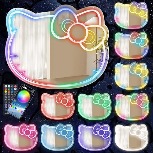 COLORNEON Hello Kit Cat Mirror Neon Sign, Light with 210 Kinds of Color, Dream Color Neon Acrylic Mirror with Remote for Makeup Mirror, Wall Decor, Bedroom, Living Room, Children Gift