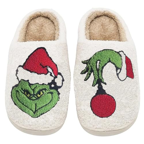 ODYQIG Women Men Cute Cartoon Christmas Slippers Winter Plush Funny Slippers Comfy Warm Furry House Shoes Green-41-42