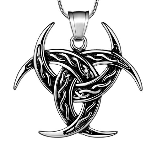 Celtic Knot Necklace Viking Pendant - Norse Mythology Jewelry Triple Odin Horn Crescent Moon Necklace Mens 316L Stainless Steel Triskelion Amulet Pewter Tribal Protection Triskele Jewelry SP0053G