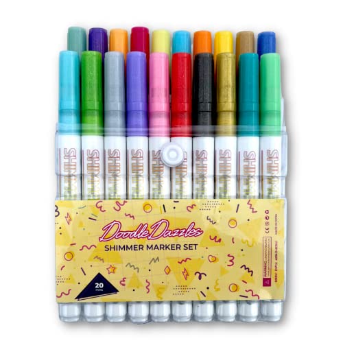 DoodleDazzles Shimmer Markers Set - Double Line Outliner Marker - Metallic Pens - Gifts for Girls, Boys, Kids, Women, etc. - School Supplies Great For Drawing, Christmas, DIY, Craft, & more - 20 count