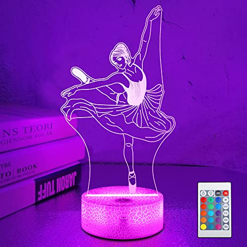 Lampeez Kids 3D Ballerina Night Light Ballet Dancer Optical Illusion Lamp with 16 Colors Remote Control Changing Birthday Xmas Valentine's Day Gift Idea for Boys and Girls