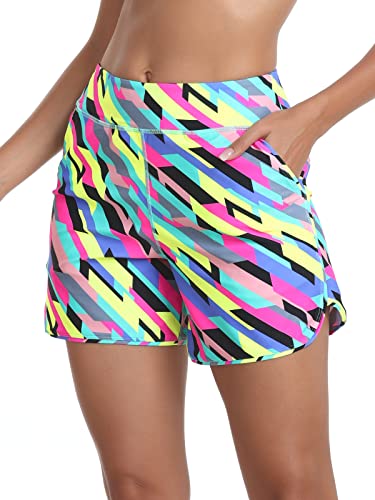 RELLECIGA Women's Neon Striped High Waisted Swim Shorts with Pockets UV Sun Protection Board Shorts for Women Size Medium