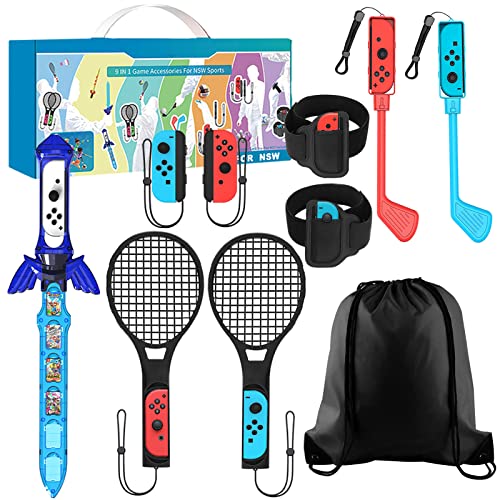 10 IN 1 Game Accessory Kits For Switch Sports 2022,For Switch Joy-Con, Just Dance 2023 Mario Tennis Ace Rackets +Golf Clubs for Mario Golf Super Rush+Leg Straps for Ring Fit Adventure+Chambara Game Sword