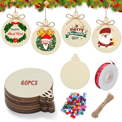 60 Pieces Unfinished Wooden Circles with Holes,3.5'DIY Hanging Ornaments Blank Round Wood Discs Wooden Christmas Ornaments Wood Slices Circles Crafts for Gift Tags Christmas Home Party Hanging Decor