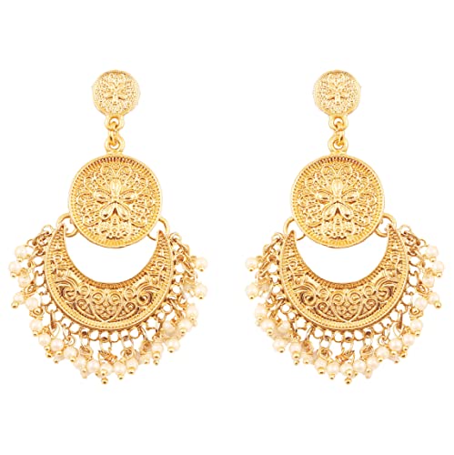 Touchstone Indian Bollywood Finely Embossed Traditional Faux Pearls Charming Look Dangling Chand Baali Half Moon Motif Designer Jewelry Earrings In Antique Gold Tone For Women.