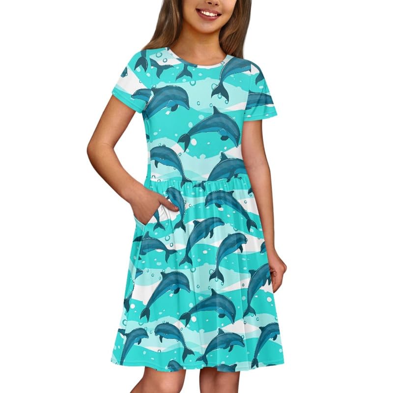 Jndtueit Cartoon Dolphin Girls' Crew Neck Cut-in A-Line Dress, Sea Animal Kids Short Sleeves Wedding Swing Dress, Blue Summer School Dress with Pockets