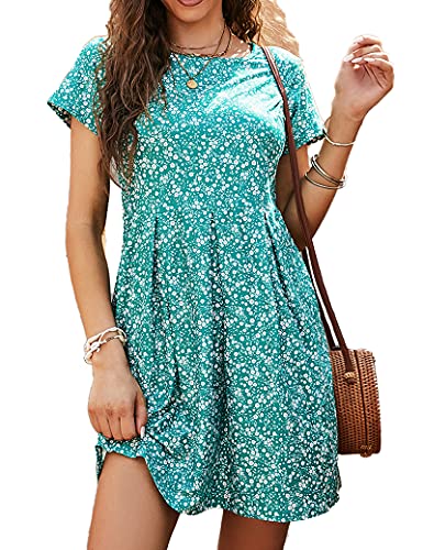Summer Dresses for Women with Pockets,T-Shirt Casual Dress Floral Green Badydoll Mini Dress Large