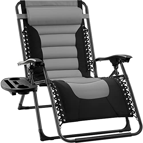 Best Choice Products Oversized Padded Zero Gravity Chair, Folding Outdoor Patio Recliner, XL Anti Gravity Lounger for Backyard w/Headrest, Cup Holder, Side Tray, Polyester Mesh - Black/Gray