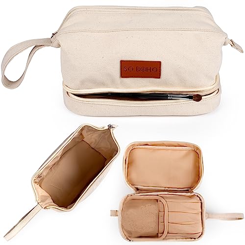 So Boho Double Layer Cosmetic Bag: Makeup Bag, Double Layer Travel Makeup Bag, Portable Toiletry Bag, Roomy Cosmetic Bag for Women and Girls, Natural Material