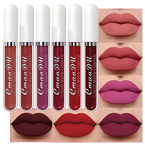 evpct CmaaDu 6Pcs Matte Liquid Lipstick Lipgloss Lip Gloss Stain Makeup Set for Women, Deep Dark Red Original 24 Hour Lipstick Long Lasting labiales matte mate larga duracion 24 horas originales A-03