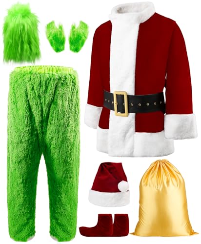 dgdgbaby Adult Christmas Costume Green Santa Suit, Christmas Deluxe Furry Green Santa Claus Cosplay Costume Set