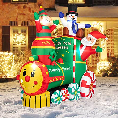 VIVOHOME 6ft Height Christmas Inflatable Santa Claus on The Train with Elf and Snowman Built-in LED Lights Blow up Outdoor Lawn Yard