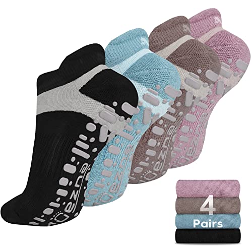 Muezna Non Slip Yoga Socks for Women, Anti-Skid Pilates, Barre, Bikram Fitness Socks with Grips, Size 5-10 (4 Pack - Black/Coral Pink/Coffee/Ice Blue)