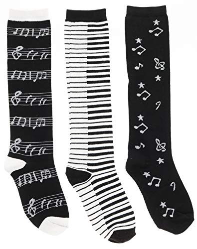 Women's Black White Music Notes, Piano Keys, Instruments Knee High Socks, (3Pr) Size 9-11