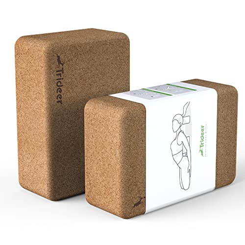 Trideer Cork Yoga Blocks, 2 Pack Yoga Blocks Natural Cork, High Density Yoga Block with Non Slip Surface, Eco-Friendly Yoga Accessories for Women, Ideal for Yoga, Pilates, Stretching