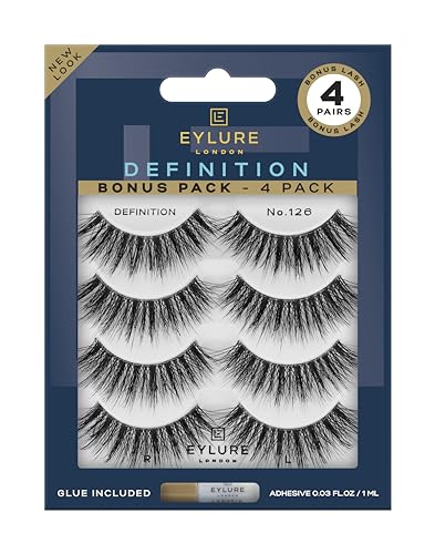 Eylure False Lashes, Definition No. 126 with Adhesive Included, 3 Pair, Black