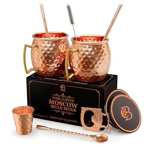 copper-bar Moscow Mule Copper Mugs | Set of 2 Hammered Cups | 100% HANDCRAFTED Pure Solid Copper | Gift Set With Cocktail Straws | Shot Glass | Coasters | Copper Stirrer & Beer opener