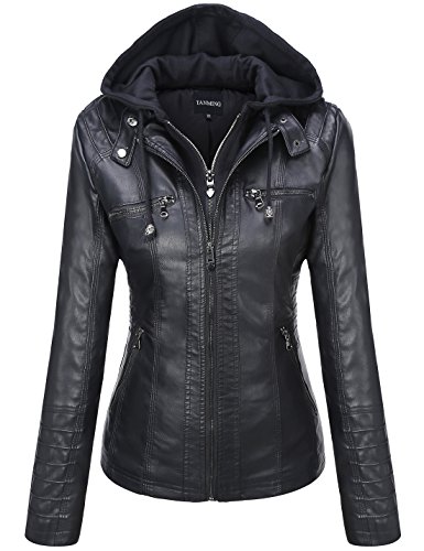 Tanming Women's Womens Hooded Faux leather Jackets (Large, Black)