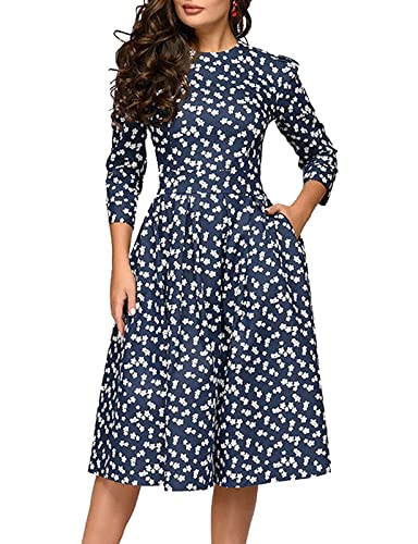 Simple Flavor Women's Floral Vintage Dress Elegant Midi Evening Dress 3/4 Sleeves (0805Navy, Large)