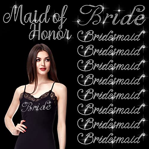 10 Pieces Rhinestone Bridesmaid Iron on Decals Wedding Iron on Transfer Bride Maid of Honor Heat Transfer Letters Bridal Heat Transfer for T Shirt Wedding Bags Clothes Shower Party Glitter Letters