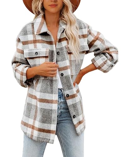 Lviefent Womens Casual Wool Blend Plaid Flannel Shackets Jacket Button Down Shirt Coat (Z-Grey, Large)