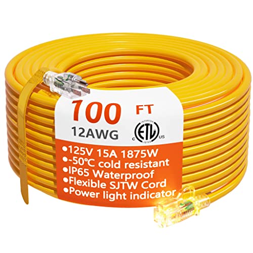 12/3 Gauge Heavy Duty Outdoor Extension Cord 100 ft Waterproof with Lighted end, Flexible Cold-Resistant 3 Prong Electric Cord Outside, 15Amp 1875W 12AWG SJTW, Yellow, ETL HUANCHAIN
