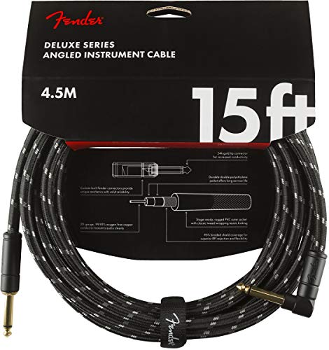 Fender Deluxe Series Instrument Cable, with Limited Lifetime Warranty, Straight/Angle, Black Tweed, 15ft