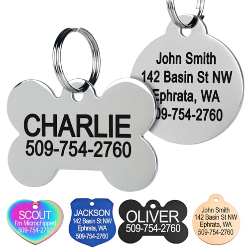 GoTags Stainless Steel Pet ID Tags, Personalized Dog Tags and Cat Tags, up to 8 Lines of Custom Text, Engraved on Both Sides, in Bone, Round, Heart, Bowtie and More (Dog Bone, Regular (Pack of 1))