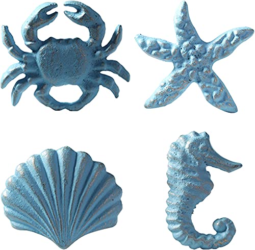 MechWares-Retro Marine Style Cast Iron Drawer Handle-Kitchen Cabinet Wardrobe Closet Hardware-Pattern of Hippocampus|Starfish|Crab|Scallop(4, Blue)