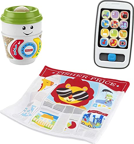 Fisher-Price Laugh & Learn Baby Toys Morning Routine Gift Set with Pretend Smart Phone Plus Coffee Cup Teether Rattle and Crinkle Newspaper (Amazon Exclusive)