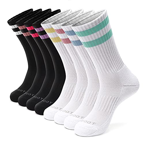 MONFOOT Women's and Men's 8 Pack Athletic Cushioned Crew Socks Striped Small