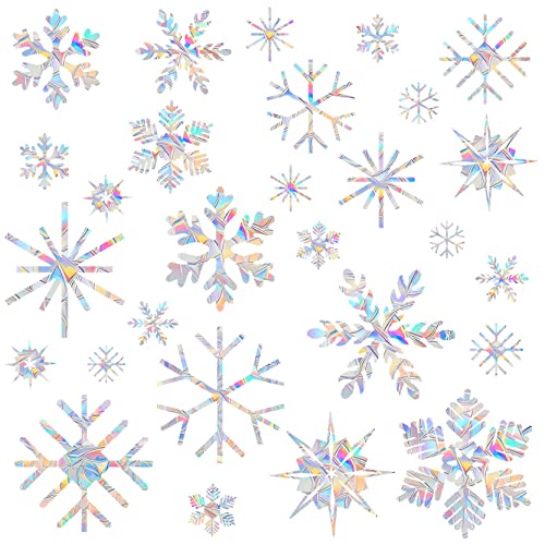 Window Decals for Glass Windows,Anti-Collision Clings to Save Birds from Window Collisions,Non Adhesive Prismatic Window Clings, Rainbow Stickers,Christmas Snowflake Window Clings,(28pcs)