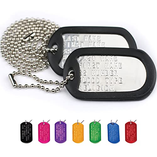 GoTags Personalized Dog Tags, Custom US Military ID Necklace Set , Steel Ball Chain and Tag Silencers, Stainless Steel, Black, Blue, Green, Gold, Pink, Purple, or Red