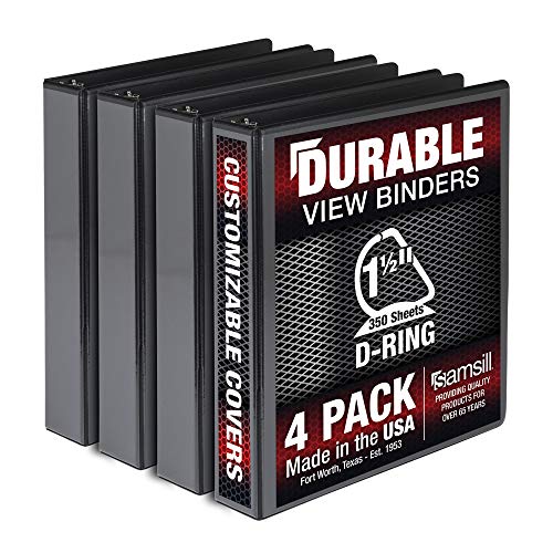 Samsill Durable 1.5 Inch Binder, Made in the USA, D Ring Binder, Customizable Clear View Binder, Black, 4 Pack, Each Holds 350 Pages