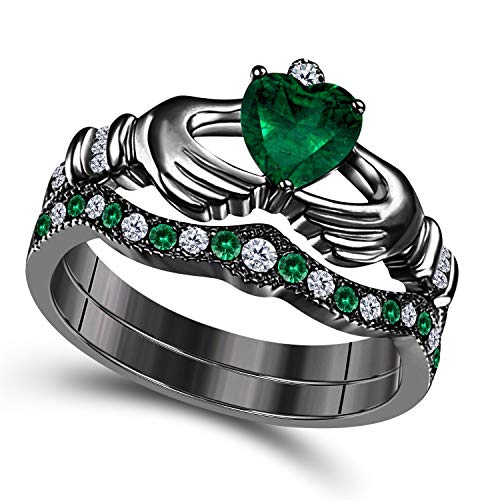 DS Jewels 14k Gold Plated Alloy Claddagh Bridal Set Ring 1.00 ctw Heart Cut CZ Green-Emerald & Cubic Zirconia Curved Wedding Band & Crown Engagement Ring Size 4 to 11