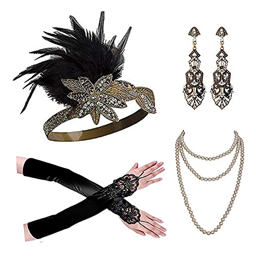Cizoe 1920s Flapper Gatsby Costume Accessories Set 20s Flapper Headband Vintage Pearl Necklace Gloves(111K)
