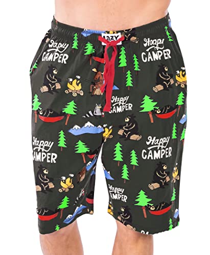 Lazy One Pajama Shorts for Men, Men's Pajama Bottoms, Sleepwear, Campfire, Bear, Moose, Smores (Happy Camper, X-Large)