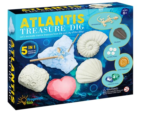 5in1 Atlantis Treasure Kit! Educational Digging Kit for Kids. Dig and Discover Atlantean Artifacts Including Pearls, Gems, Sea Monsters, Trilobites, and Spiny ammonites
