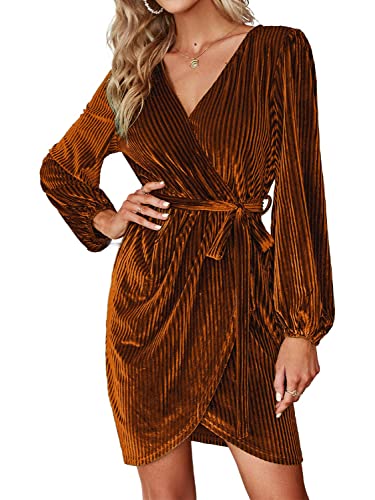 BerryGo Women's Fall Long Sleeve Wrap Semi Formal Velvet Mini Dress Sexy Cocktail Party Winter Prom Dress Burnt Orange M