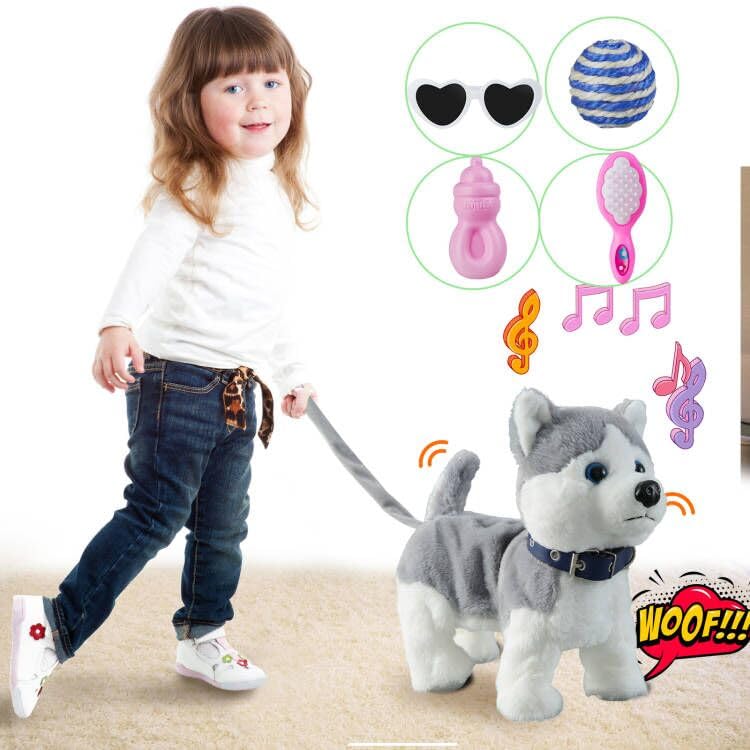 Husky Walking Dog Barking Toy, Musical Singing Dancing Dog, Volume Control Interactive Puppy Walk Along with Leash, Wagging Tail Shaking Head, Robot Dog Plush Stuffed Animal Puppy for Kid