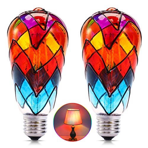 I-SHUNFA Edison Stained Glass LED Light Bulb,6 Watts Heatless E26 ST64 LED Light Bulbs for Home Party,Recreation Room,Balcony,Garden,Christmas Decoration 2 Pack