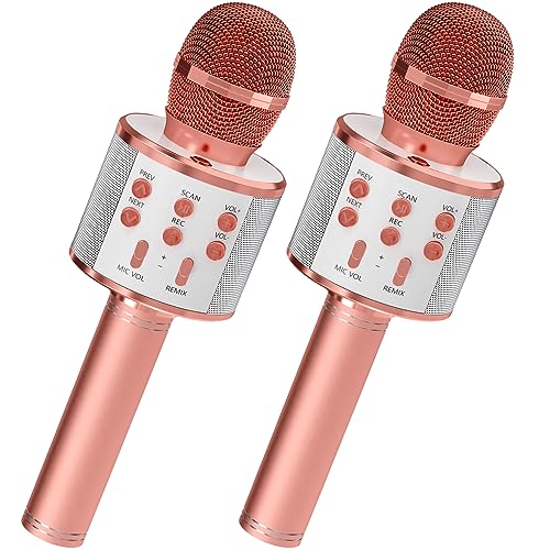 GIFTMIC 2 Pack Karaoke Microphone, Bluetooth Microphone for Singing, Wireless Microphones Toys for Girls Boys Adults, Portable Kids Microphone, 5 Year Old Girl Birthday Gift Ideas (Rose Gold)