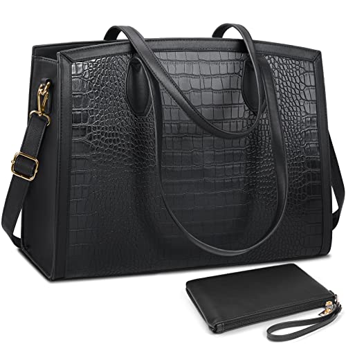 Laptop Bag for Women 15.6 Inch Laptop Tote Bags PU Leather Lightweight Womens Computer Bag Office Shoulder Bag Handbag Large Capacity Fashion Work Briefcase Bag 2PCs Black Crocodile Pattern