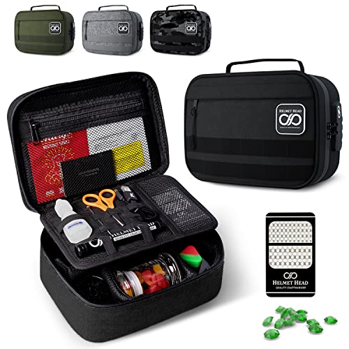 HELMET HEAD Smell Proof Bag and Case with Combo Lock, Durable Water Repellent Stash Box and Grinder Card for Your Travel Essentials, Mason Jars and Smell Proof Containers (Black)