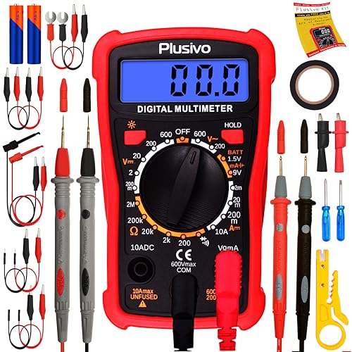 Digital Multimeter 2000 Counts Voltmeter Measures AC DC Voltage, Resistance, Current, Continuity, Diode Multi Tester with Probes, Test Clips, Dupont Wires, Crocodile Clips, Wire Stripper from Plusivo