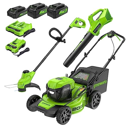 Greenworks 48V (2x24V) 20' Cordless Battery Mower, 10' String Trimmer, & 320 CFM Blower Combo Kit w/ (2) 4.0Ah Batteries, (1) 2.0Ah Battery & Chargers