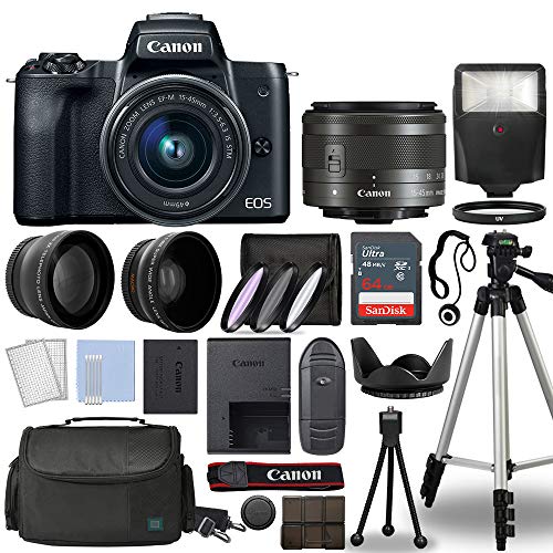 Canon EOS M50 Mark II Mirrorless Digital Camera Body Black with Canon EF-M 15-45mm f/3.5-6.3 STM Lens 3 Lens Kit with Complete Accessory Bundle + 64GB + Flash & More - International Model (Renewed)