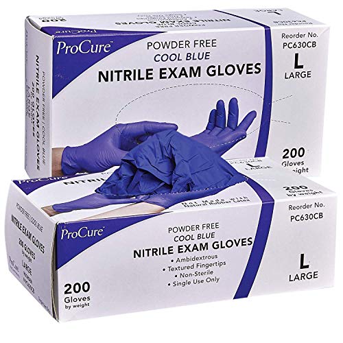 ProCure Disposable Nitrile Gloves – Powder Free, Rubber Latex Free, Medical Exam Grade, Non Sterile, Ambidextrous - Soft with Textured Tips – Cool Blue (Large, 2000 Count)